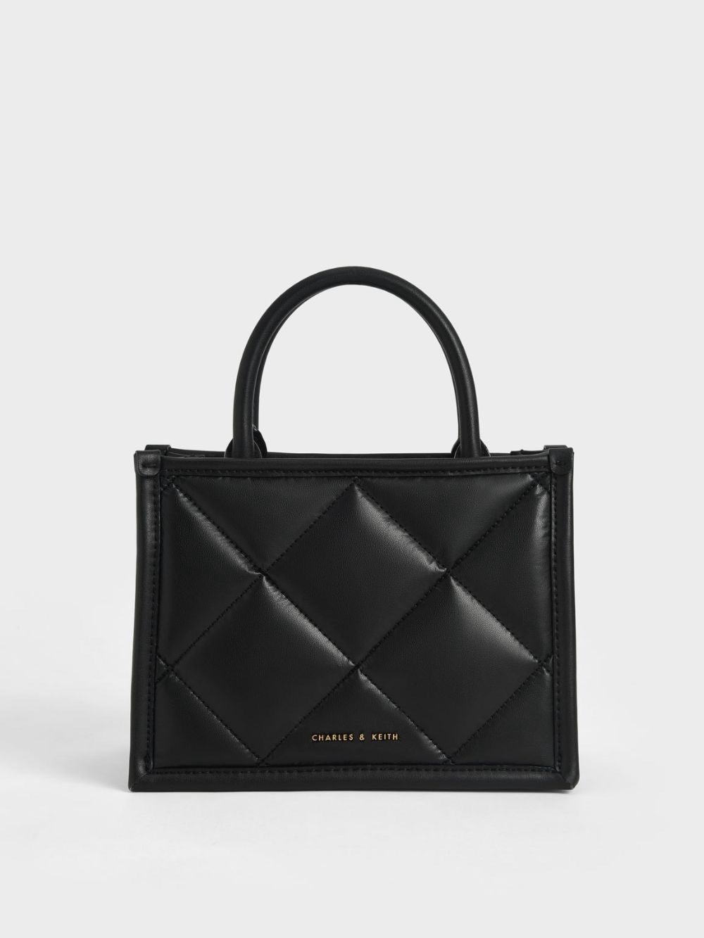 Charles & Keith Black Quilted Mini Tote with Top Handles, Knit Strap